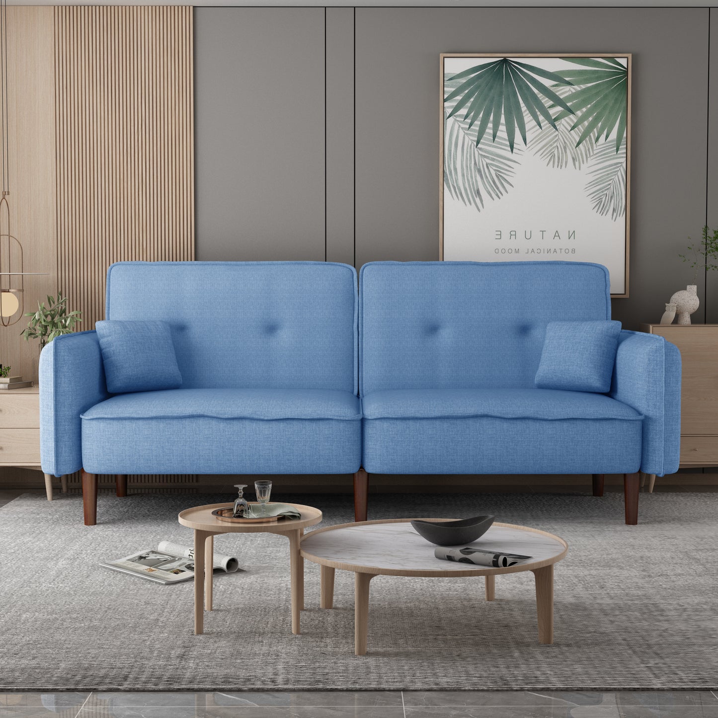 Living Room Bed Room Leisure Futon Sofa bed in Blue Fabric with Solid Wood Leg