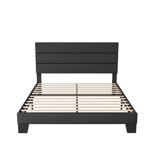 Allewie Queen Size Platform Bed Frame with Velvet Upholstered Headboard and Wooden Slats Support, Fully Upholstered Mattress Foundation/No Box Spring Needed/Easy Assembly, Black