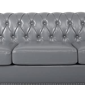 3 Piece Living Room Set, Chesterfield Velvet Sofa Loveseat Couch Chair with Scroll Arms and Nailhead for Living Room, Office (Grey, 1-2-3)