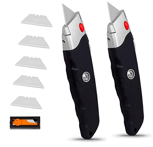 INTERNET'S BEST Premium Utility Knife Set | Retractable Box Cutter with Rubber Handle | Heavy-Duty Cutting for Cardboard, Carpet, Plastic | Retractable Blade | Includes 2 Razor Knives & Extra Blades