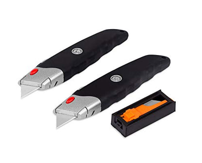 INTERNET'S BEST Premium Utility Knife Set | Retractable Box Cutter with Rubber Handle | Heavy-Duty Cutting for Cardboard, Carpet, Plastic | Retractable Blade | Includes 2 Razor Knives & Extra Blades