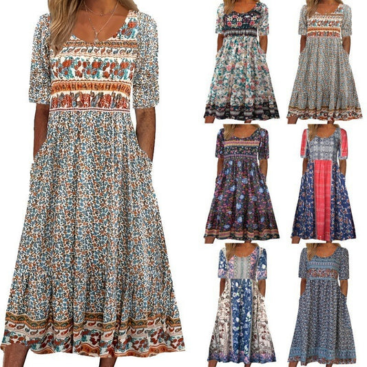 Women's round neck short sleeved long skirt Bohemian printed dress for women