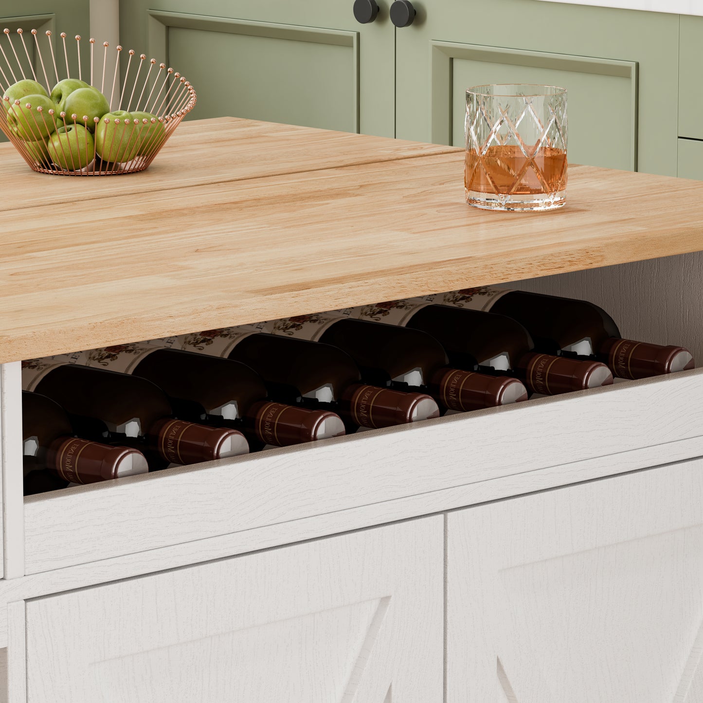 44 Inch Kitchen Island Cart with Solid Wood Top, Wine Storage, Spice Rack, Towel Rack, Wine Glass Holder White & Oak