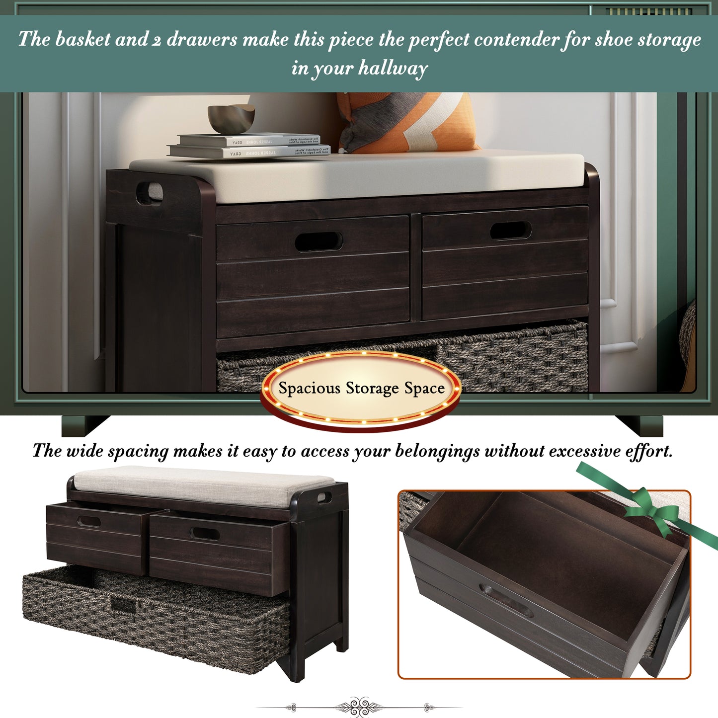 TREXM Storage Bench with Removable Basket and 2 Drawers, Fully Assembled Shoe Bench with Removable Cushion (Espresso)