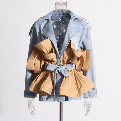 Commuting design with contrasting color patchwork and ruffled edge denim jacket for women