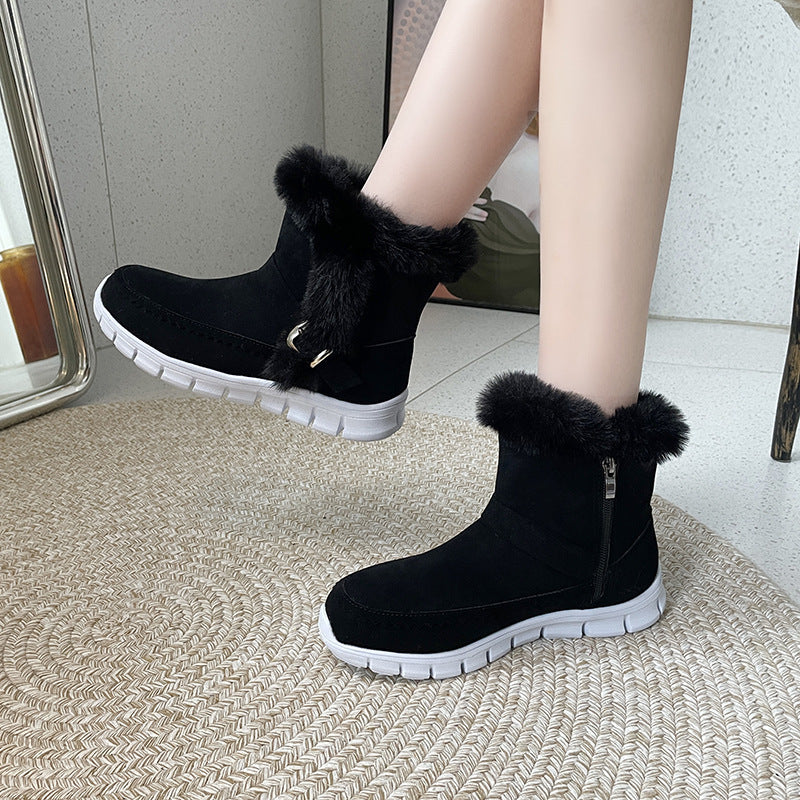 New Snow Boots Winter Warm Thickened Solid Color Plush Ankle Boots With Buckle Design Plus Velvet Flat Shoes For Women