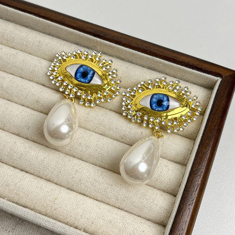 Abstract, unique personality, devil's eye, sparkling diamond earrings, runway style, temperament earrings for women