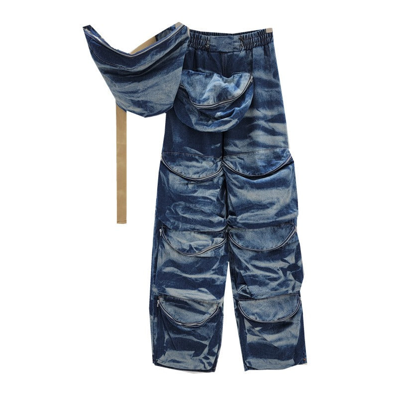 Retro street-blasting heavy washed distressed straight jeans with work pockets, loose wide legs + suspender tube top