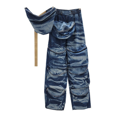 Retro street-blasting heavy washed distressed straight jeans with work pockets, loose wide legs + suspender tube top