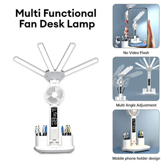 3in1 Multifunction Table Lamp LED Four-headed Folding With Fan Calendar Clock USB Rechargeable Desk Light 3 Color Reading Lamp