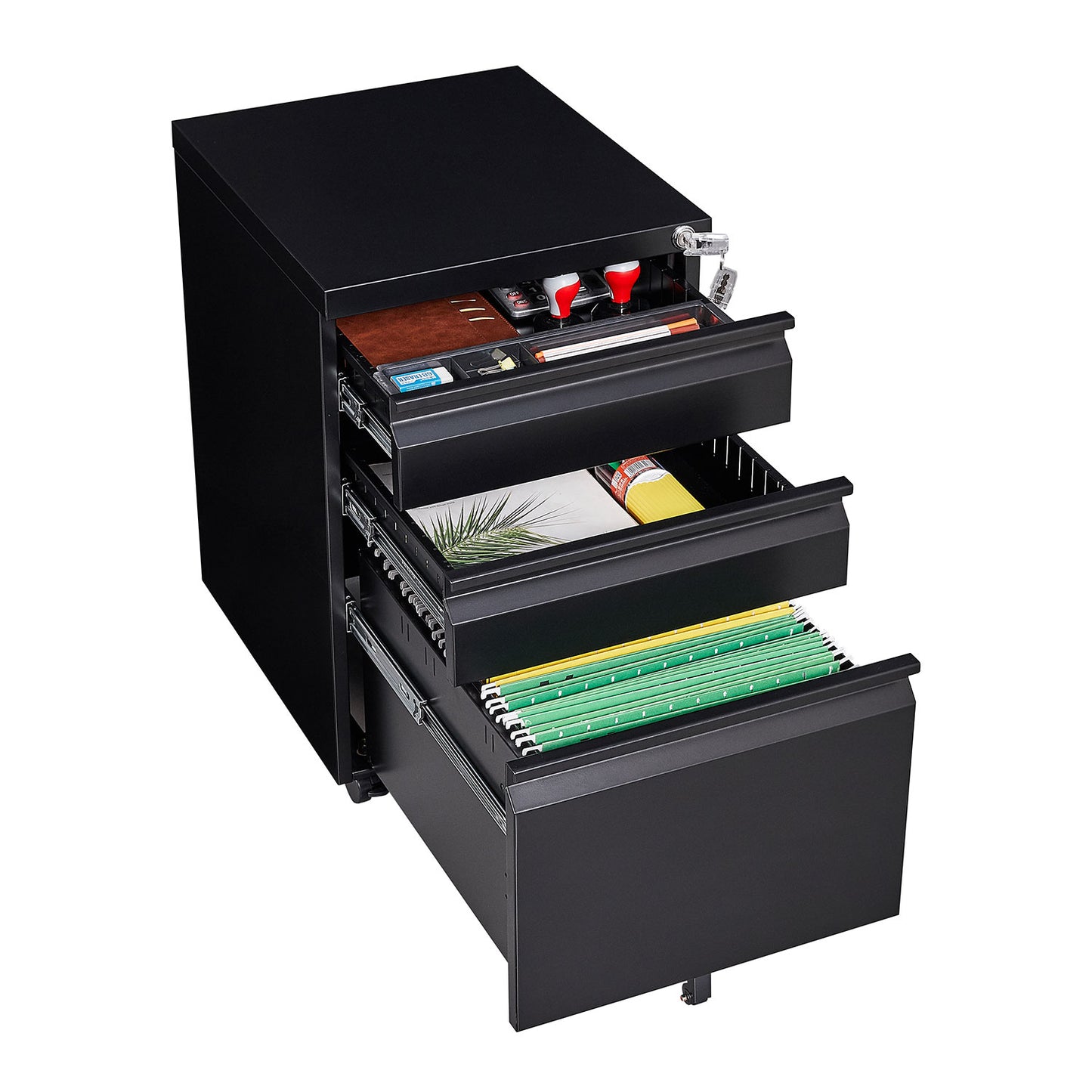 Locked three drawer storage mobile metal filing cabinet with pre installed wheels under the desk filing cabinet