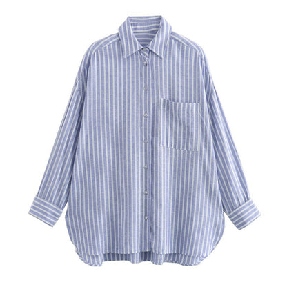 Casual and fashionable versatile linen blend striped shirt for women