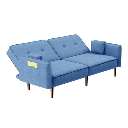 Living Room Bed Room Leisure Futon Sofa bed in Blue Fabric with Solid Wood Leg