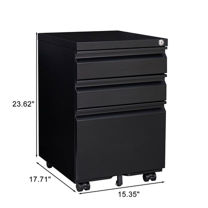 Locked three drawer storage mobile metal filing cabinet with pre installed wheels under the desk filing cabinet