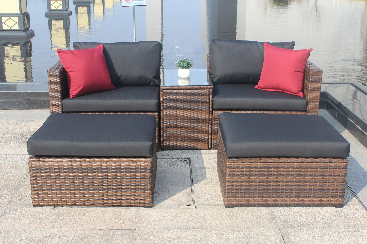 5 Pieces Outdoor Patio Garden Brown Wicker Sectional Conversation Sofa Set