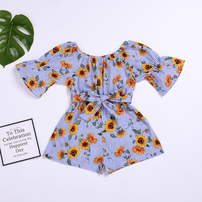 Spring Summer Baby Girls Rompers Baby Girl Clothes Floral Belt Three Quarter Cotton Jumpsuit