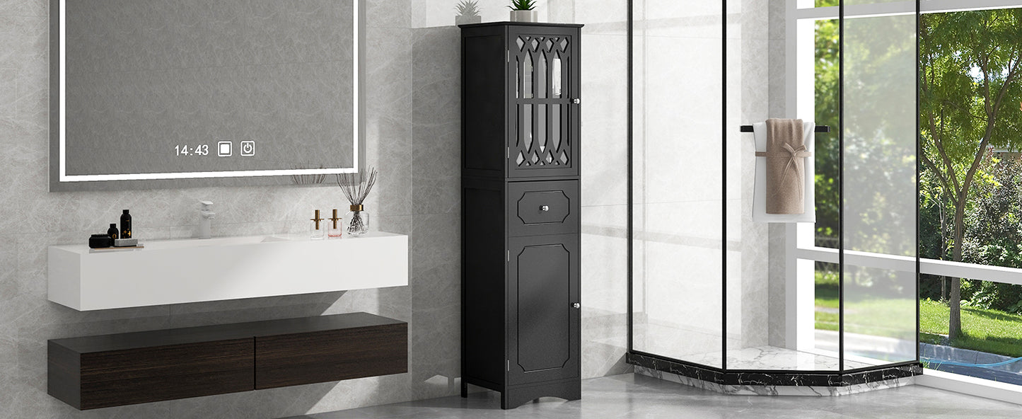 Tall Bathroom Cabinet, Freestanding Storage Cabinet with Drawer and Doors, MDF Board, Acrylic Door, Adjustable Shelf, Black