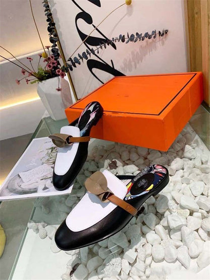 Cowhide low heeled round toe metal buckle toe wrap back air cool slipper for women's oversized shoes