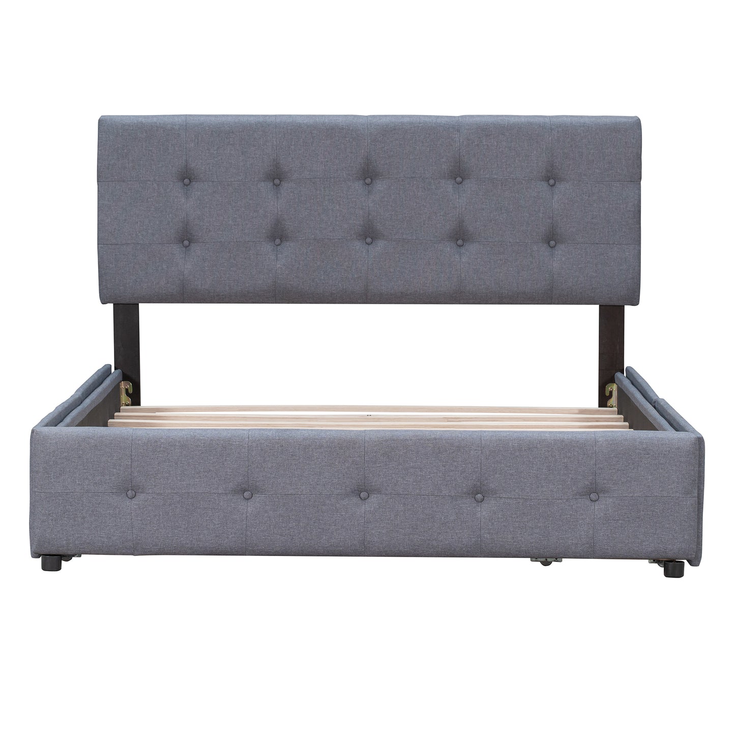 Upholstered Platform Bed with Classic Headboard and 4 Drawers No Box Spring Needed Linen Fabric Queen Size Dark gray