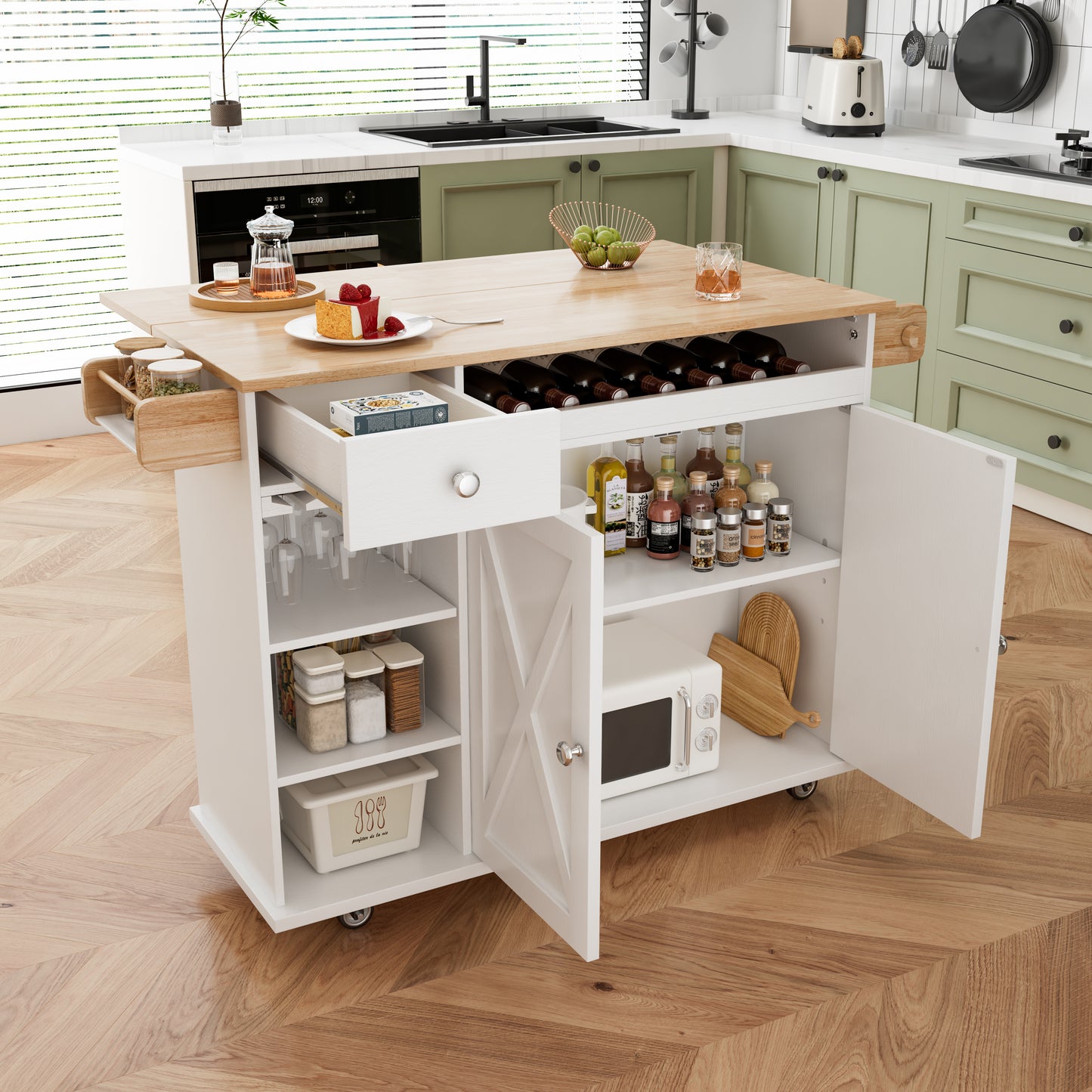 44 Inch Kitchen Island Cart with Solid Wood Top, Wine Storage, Spice Rack, Towel Rack, Wine Glass Holder White & Oak