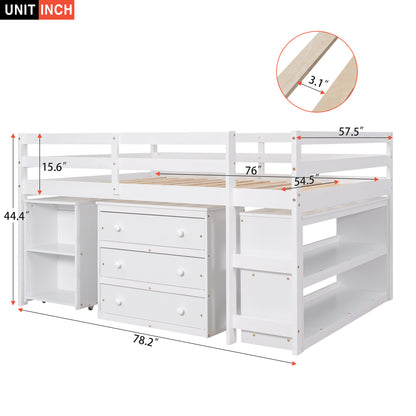 Low Study Full Loft Bed with Cabinet Shelves and Rolling Portable Desk Multiple Functions Bed- White