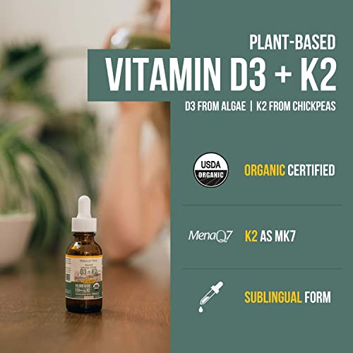 Organic Plant D3 + K2 (5000 iu D3) - All-Trans MK7 from MenaQ7 (120 mcg K2) - 100% Organic & Plant-Based Sublingual D3 Drops (Cholecalciferol), 100% Vegan - Supports Immunity, Bone(1oz)