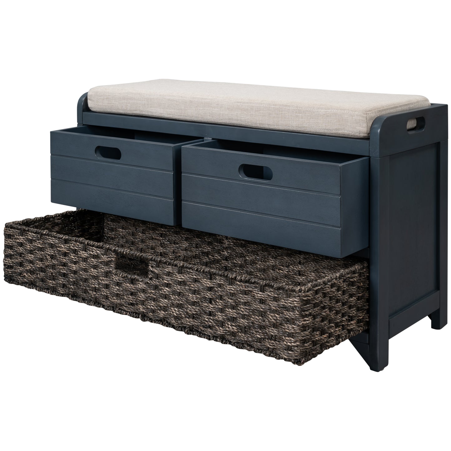 TREXM Storage Bench with Removable Basket and 2 Drawers, Fully Assembled Shoe Bench with Removable Cushion (Navy)