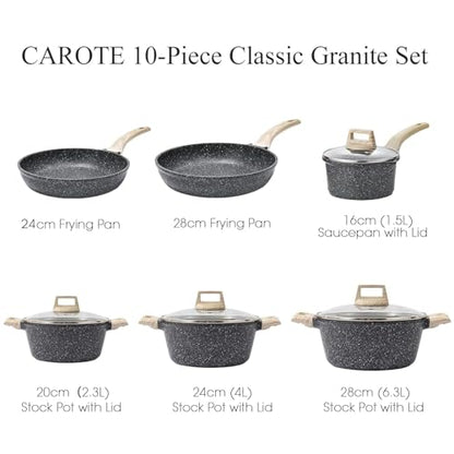 CAROTE 21Pcs Pots and Pans Set, Nonstick Cookware Sets, White Granite Induction Cookware Non Stick Cooking Set w/Frying Pans & Saucepans(PFOS, PFOA Free)