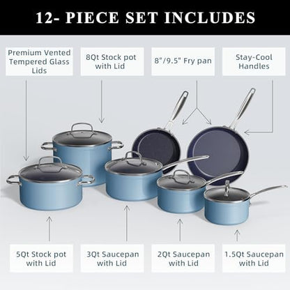 Nuwave Healthy Duralon Blue Ceramic Nonstick Cookware Set, Diamond Infused Scratch-Resistant, PFAS Free, Dishwasher & Oven Safe, Induction Ready & Evenly Heats,Tempered Glass Lids & Stay-Cool Handles