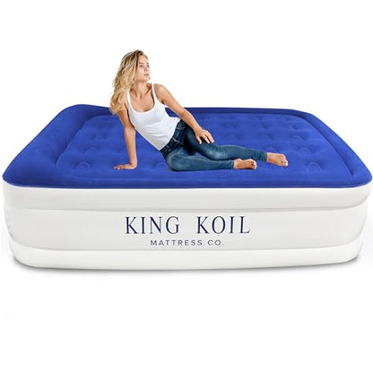 King Koil Plush Pillow Top King Air Mattress with Built-in High-Speed Pump Best for Home, Camping, Guests, 20" King Size Luxury Double Airbed Adjustable Blow Up Mattress, Waterproof, 1-Year Warranty.