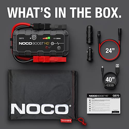 NOCO Boost HD GB70 2000A UltraSafe Car Battery Jump Starter, 12V Battery Booster Pack, Jump Box, Portable Charger and Jumper Cables for 8.0L Gasoline and 6.0L Diesel Engines, 7.4"Dx3.7"Wx12.6"H Gray