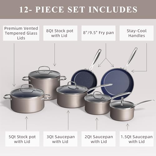 Nuwave Healthy Duralon Blue Ceramic Nonstick Cookware Set, Diamond Infused Scratch-Resistant, PFAS Free, Dishwasher & Oven Safe, Induction Ready & Evenly Heats,Tempered Glass Lids & Stay-Cool Handles