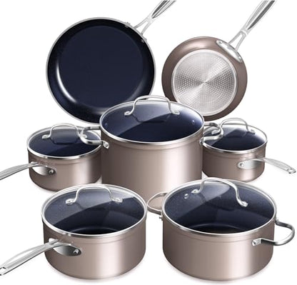 Nuwave Healthy Duralon Blue Ceramic Nonstick Cookware Set, Diamond Infused Scratch-Resistant, PFAS Free, Dishwasher & Oven Safe, Induction Ready & Evenly Heats,Tempered Glass Lids & Stay-Cool Handles