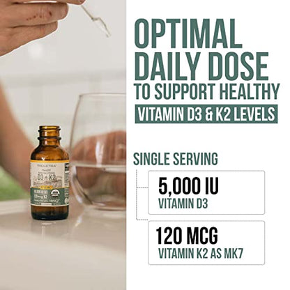 Organic Plant D3 + K2 (5000 iu D3) - All-Trans MK7 from MenaQ7 (120 mcg K2) - 100% Organic & Plant-Based Sublingual D3 Drops (Cholecalciferol), 100% Vegan - Supports Immunity, Bone(1oz)