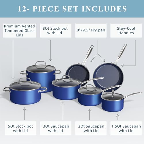 Nuwave Healthy Duralon Blue Ceramic Nonstick Cookware Set, Diamond Infused Scratch-Resistant, PFAS Free, Dishwasher & Oven Safe, Induction Ready & Evenly Heats,Tempered Glass Lids & Stay-Cool Handles