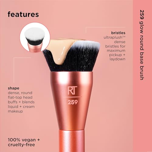 Real Techniques Glow Round Base Makeup Brush, For Liquid & Cream Makeup, Flat Top Foundation Brush For Buffing & Blending Up Coverage, Dense Synthetic Bristles, Vegan & Cruelty Free, 1 Count