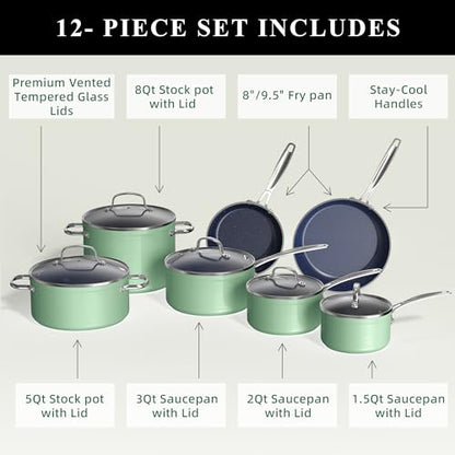 Nuwave Healthy Duralon Blue Ceramic Nonstick Cookware Set, Diamond Infused Scratch-Resistant, PFAS Free, Dishwasher & Oven Safe, Induction Ready & Evenly Heats,Tempered Glass Lids & Stay-Cool Handles