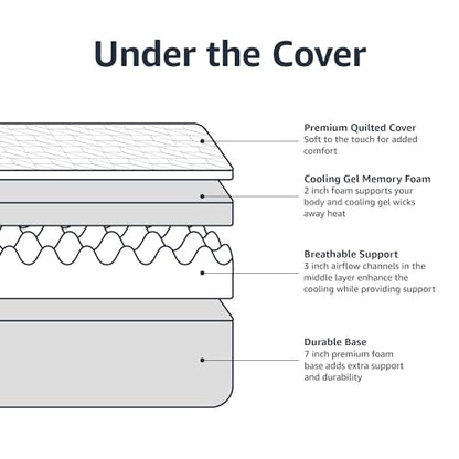 Amazon Basics Cooling Gel-Infused, Medium-Firm Memory Foam Mattress, CertiPUR-US Certified - Queen Size, 80 x 60 x 12 inches, White/Gray