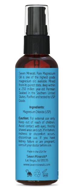 Seven Minerals, Pure Magnesium Oil Spray - Big 12 oz (Lasts 9 Months) - USP Grade Magnesium Spray, No Unhealthy Trace Minerals - from Ancient Underground Permian Seabed in USA, Free eBook Included