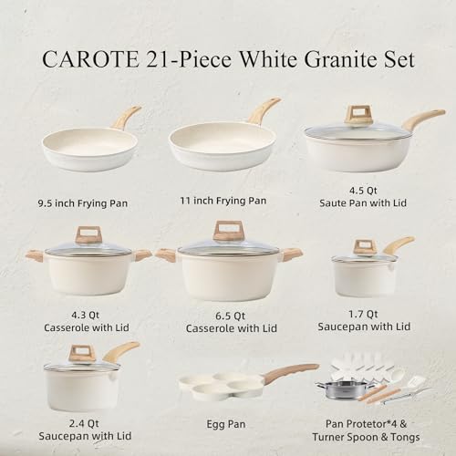 CAROTE 21Pcs Pots and Pans Set, Nonstick Cookware Sets, White Granite Induction Cookware Non Stick Cooking Set w/Frying Pans & Saucepans(PFOS, PFOA Free)