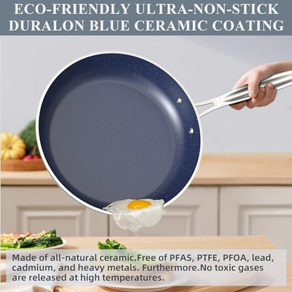 Nuwave Healthy Duralon Blue Ceramic Nonstick Cookware Set, Diamond Infused Scratch-Resistant, PFAS Free, Dishwasher & Oven Safe, Induction Ready & Evenly Heats,Tempered Glass Lids & Stay-Cool Handles