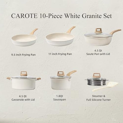 CAROTE 21Pcs Pots and Pans Set, Nonstick Cookware Sets, White Granite Induction Cookware Non Stick Cooking Set w/Frying Pans & Saucepans(PFOS, PFOA Free)