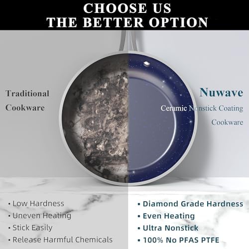 Nuwave Healthy Duralon Blue Ceramic Nonstick Cookware Set, Diamond Infused Scratch-Resistant, PFAS Free, Dishwasher & Oven Safe, Induction Ready & Evenly Heats,Tempered Glass Lids & Stay-Cool Handles