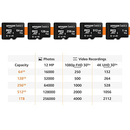 Amazon Basics Micro SDXC Memory Card with Full Size Adapter, A2, U3, Read Speed up to 100 MB/s, 128 GB, Black