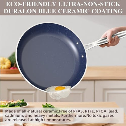 Nuwave Healthy Duralon Blue Ceramic Nonstick Cookware Set, Diamond Infused Scratch-Resistant, PFAS Free, Dishwasher & Oven Safe, Induction Ready & Evenly Heats,Tempered Glass Lids & Stay-Cool Handles