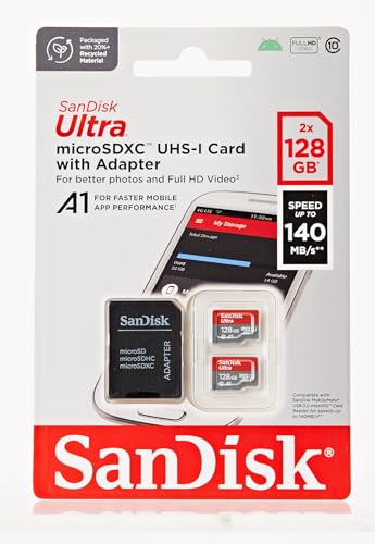 SanDisk 128GB Ultra microSDXC UHS-I Memory Card with Adapter - Up to 140MB/s, C10, U1, Full HD, A1, MicroSD Card - SDSQUAB-128G-GN6MA [New Version]