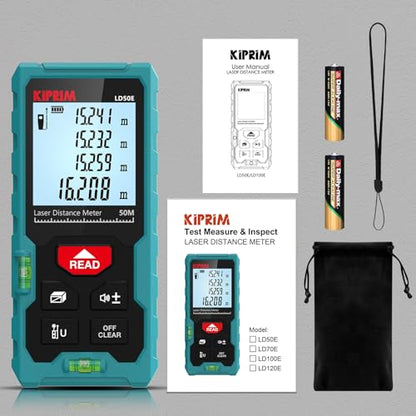 Kiprim Laser Distance Measure High Accuracy 165ft Kiprim LD50E Laser Tape Measure 50M Compact Laser Measurement Tool with Larger Backlit LCD Display,ft/m/in Switching,Bubble Level