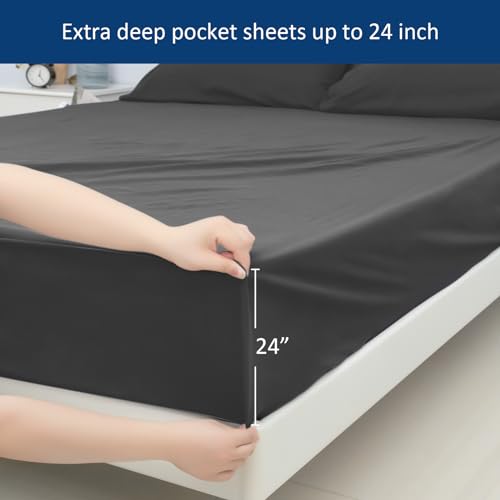 Extra Deep Pocket Queen Sheet Sets for Air Mattress - Deep Pocket Sheets Queen Size Sets - Sheets with Pocket on Side - Easily Fits Extra Deep 16 in to 24 in Pillow Top Air Mattress (Grey)