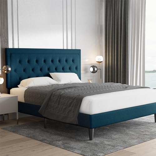 Allewie Queen Size Button Tufted Platform Bed Frame/Fabric Upholstered Bed Frame with Adjustable Headboard/Wood Slat Support/Mattress Foundation/Dark Grey (Queen)