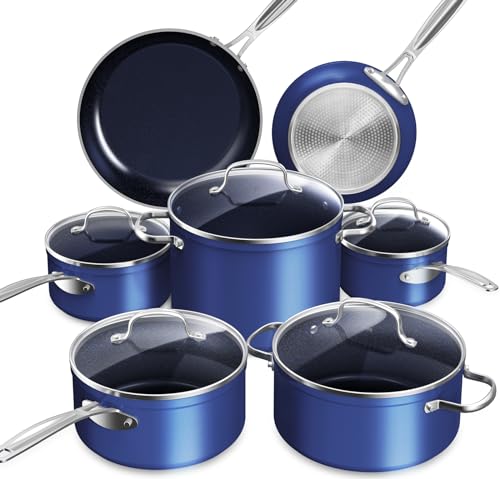 Nuwave Healthy Duralon Blue Ceramic Nonstick Cookware Set, Diamond Infused Scratch-Resistant, PFAS Free, Dishwasher & Oven Safe, Induction Ready & Evenly Heats,Tempered Glass Lids & Stay-Cool Handles